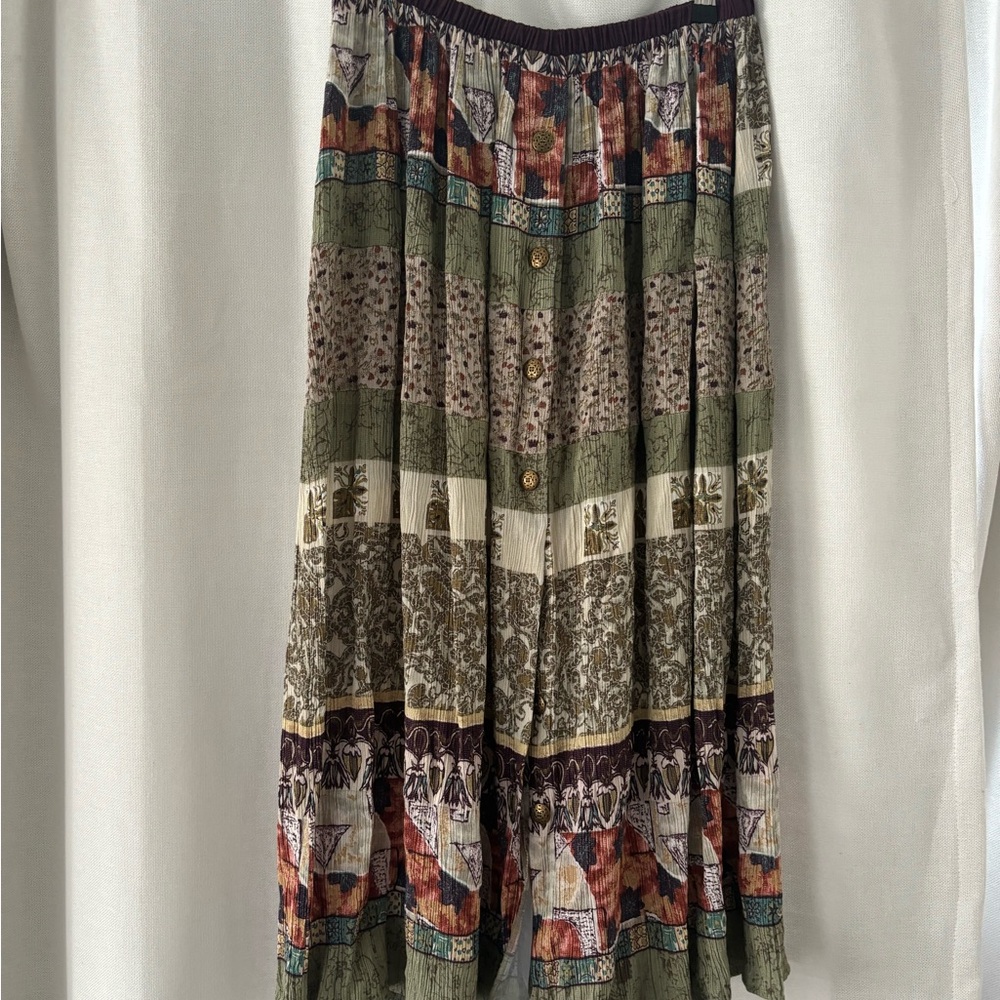Carole Little Green Cream Pleated Maxi Skirt Casual